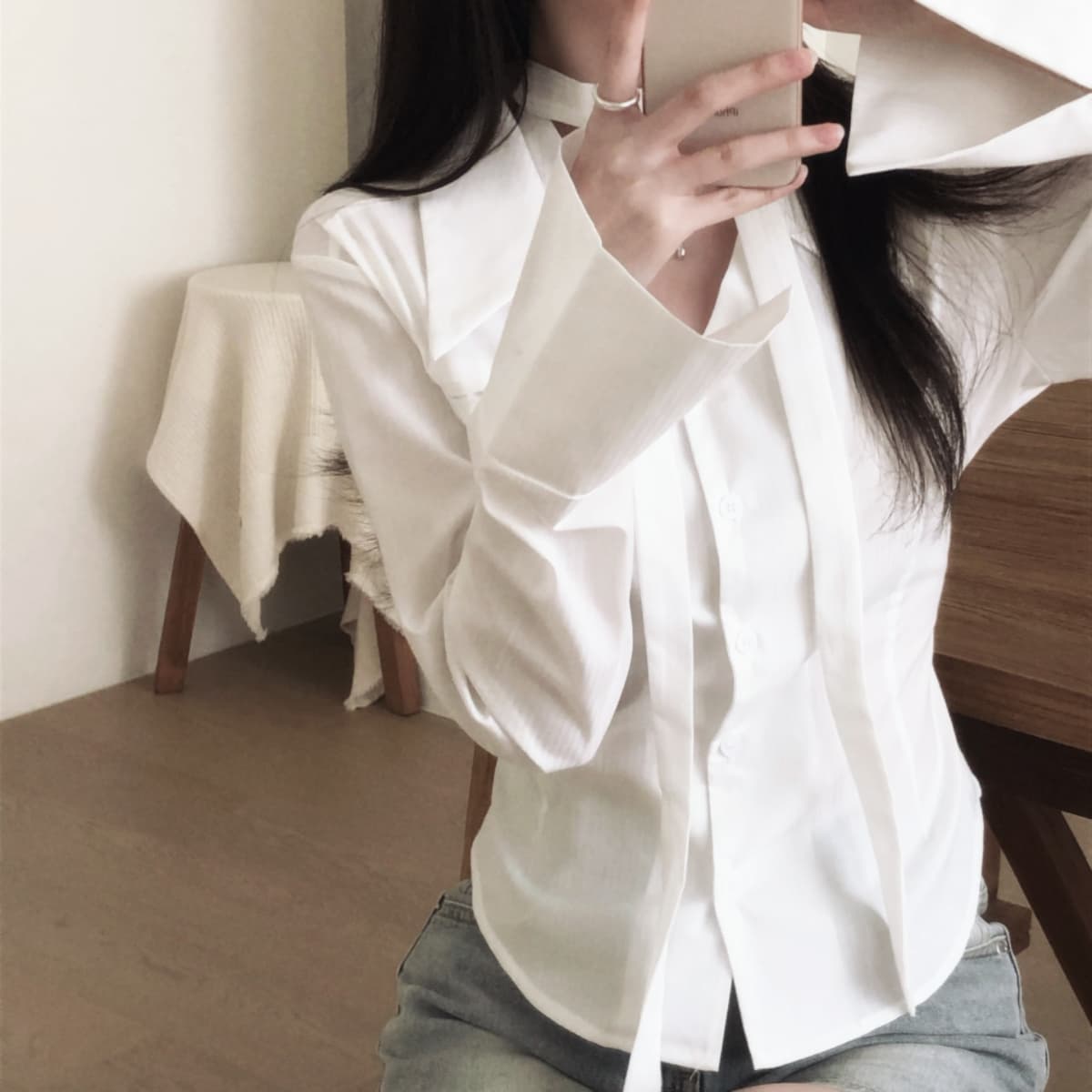 프랑스식 POLO 칼라 레이스업 허리 수축 여성 셔츠 외국 가스 루즈핏 하지마. 상세 이미지 1