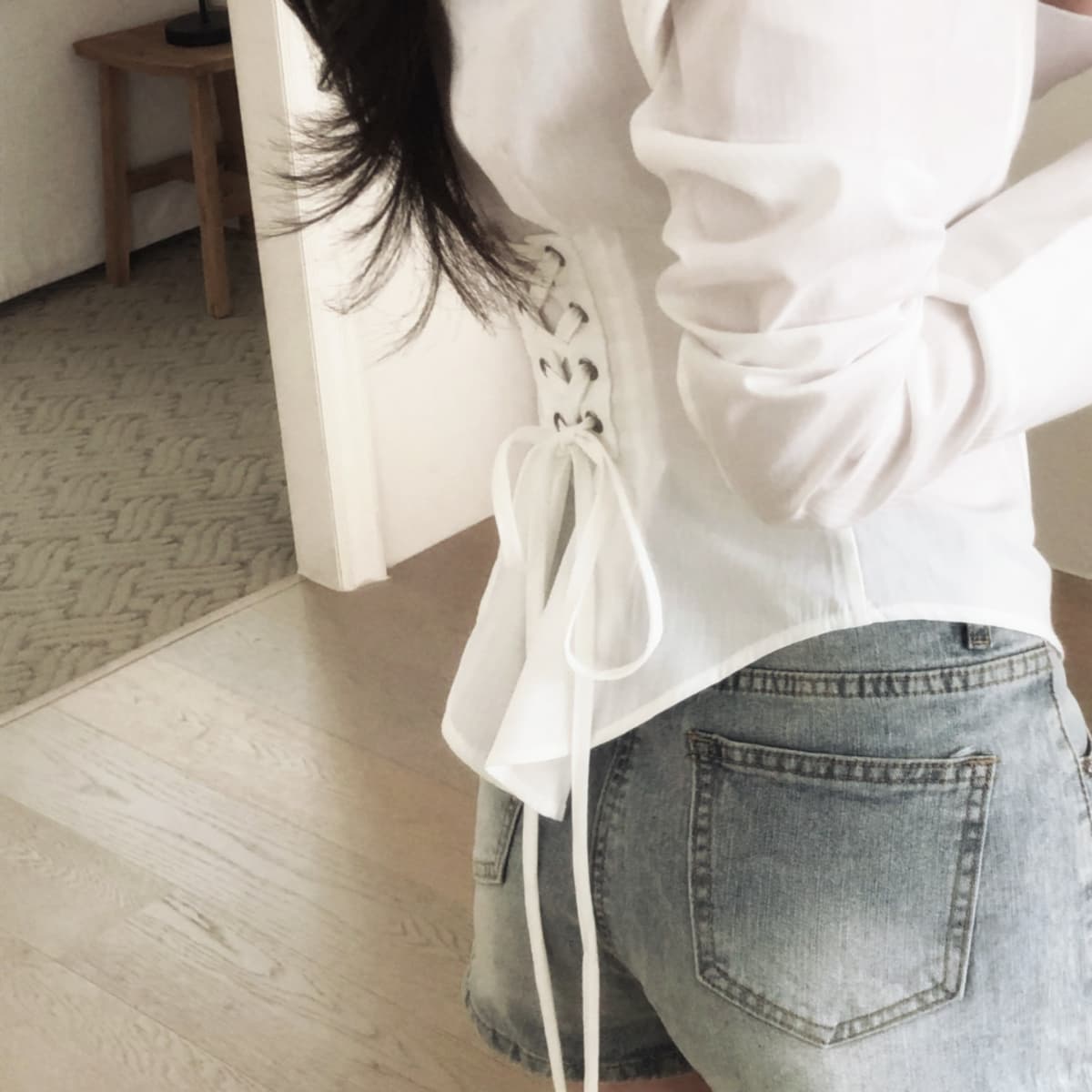 프랑스식 POLO 칼라 레이스업 허리 수축 여성 셔츠 외국 가스 루즈핏 하지마. 상세 이미지 2