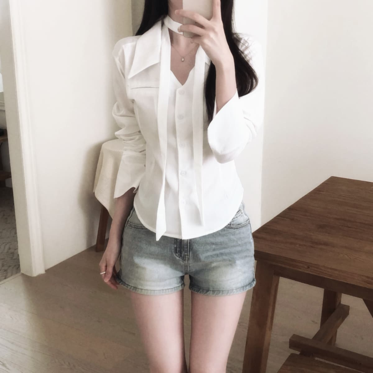 프랑스식 POLO 칼라 레이스업 허리 수축 여성 셔츠 외국 가스 루즈핏 하지마. 상세 이미지 3