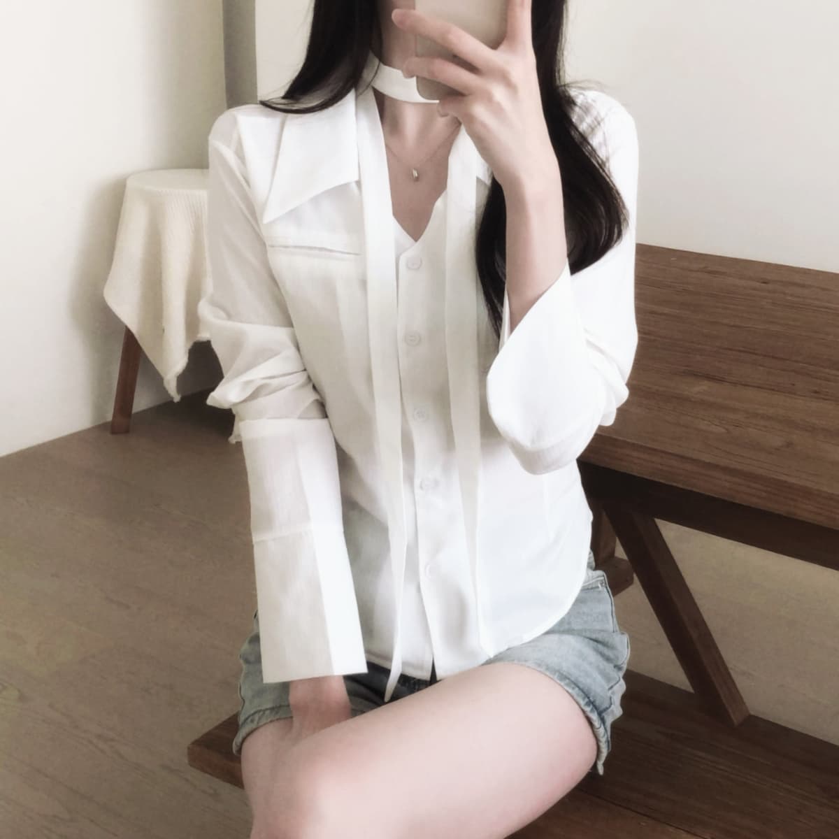 프랑스식 POLO 칼라 레이스업 허리 수축 여성 셔츠 외국 가스 루즈핏 하지마. 상세 이미지 4