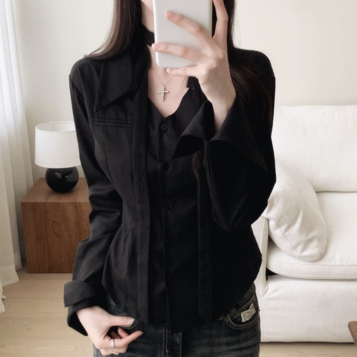 프랑스식 POLO 칼라 레이스업 허리 수축 여성 셔츠 외국 가스 루즈핏 하지마. 상세 이미지 13