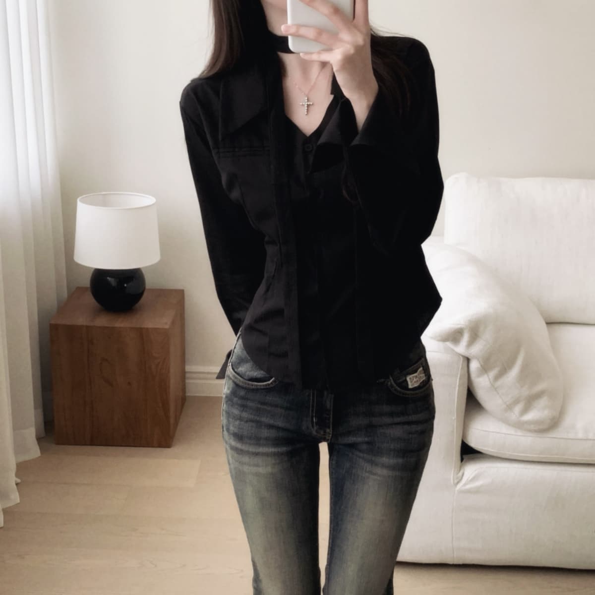 프랑스식 POLO 칼라 레이스업 허리 수축 여성 셔츠 외국 가스 루즈핏 하지마. 상세 이미지 14