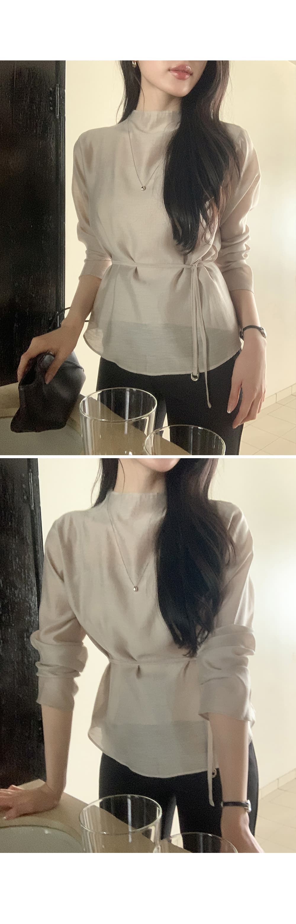 있음 선적 한 부서 낭만적 인 기질 반하이넥 마이크로 ~을 통해 허리 레이스 업 셔츠 캐미솔 투피스 세트 상세 이미지 25