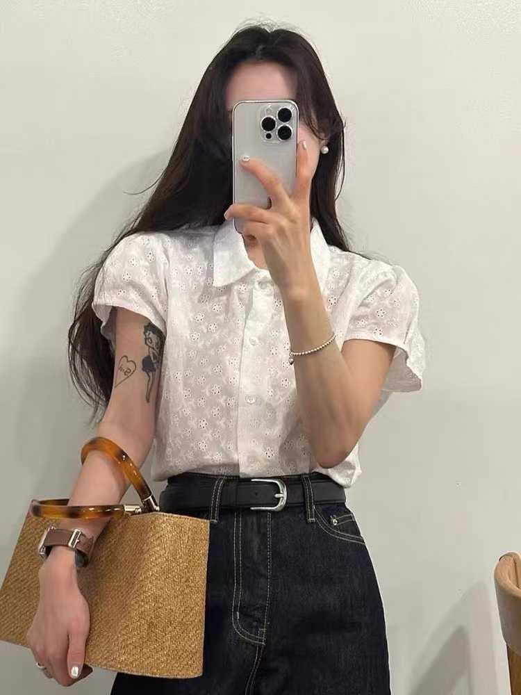 한국 여름 새로운 chic 패션 홀로우 아웃 순면 자수 자수 반팔 여성 셔츠 이미지 4