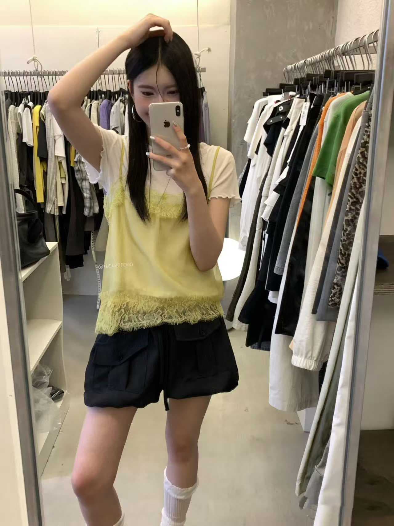 한 부서 레이스 V넥 섹시함 슬립 단색 티셔츠 여성 여름 2 세트 세트 상세 이미지 1
