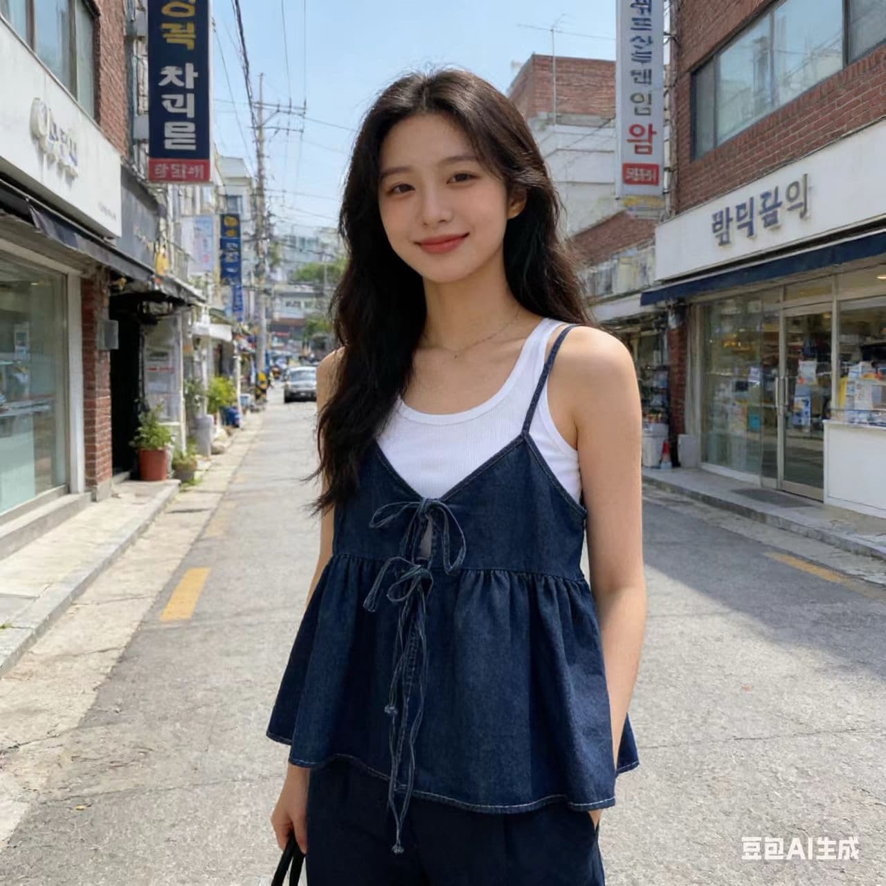 있음 밖으로 26 여름 한국 스타일 쇼트 스타일 데님 레이스업 캐미솔 맨위 여성 상세 이미지 2