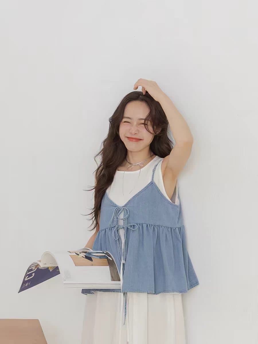 있음 밖으로 26 여름 한국 스타일 쇼트 스타일 데님 레이스업 캐미솔 맨위 여성 상세 이미지 3