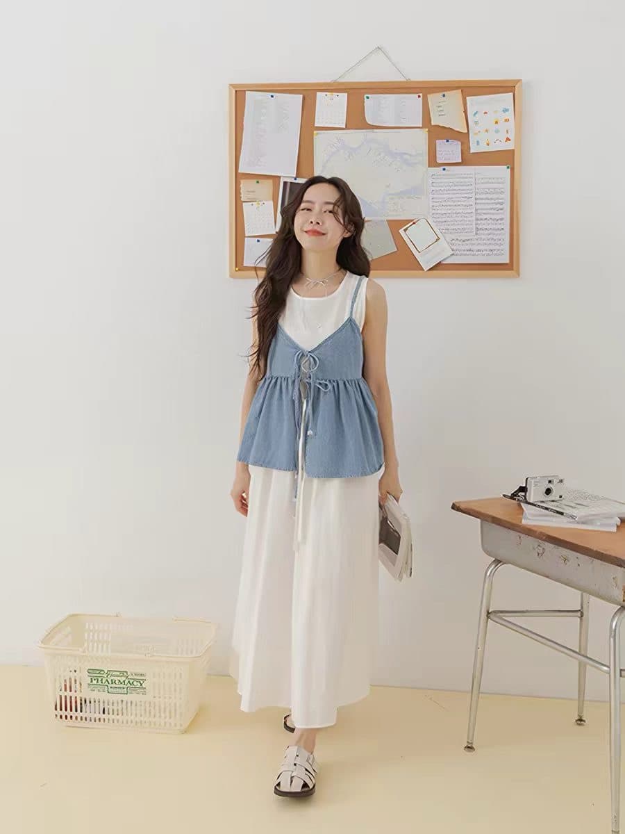 있음 밖으로 26 여름 한국 스타일 쇼트 스타일 데님 레이스업 캐미솔 맨위 여성 상세 이미지 4