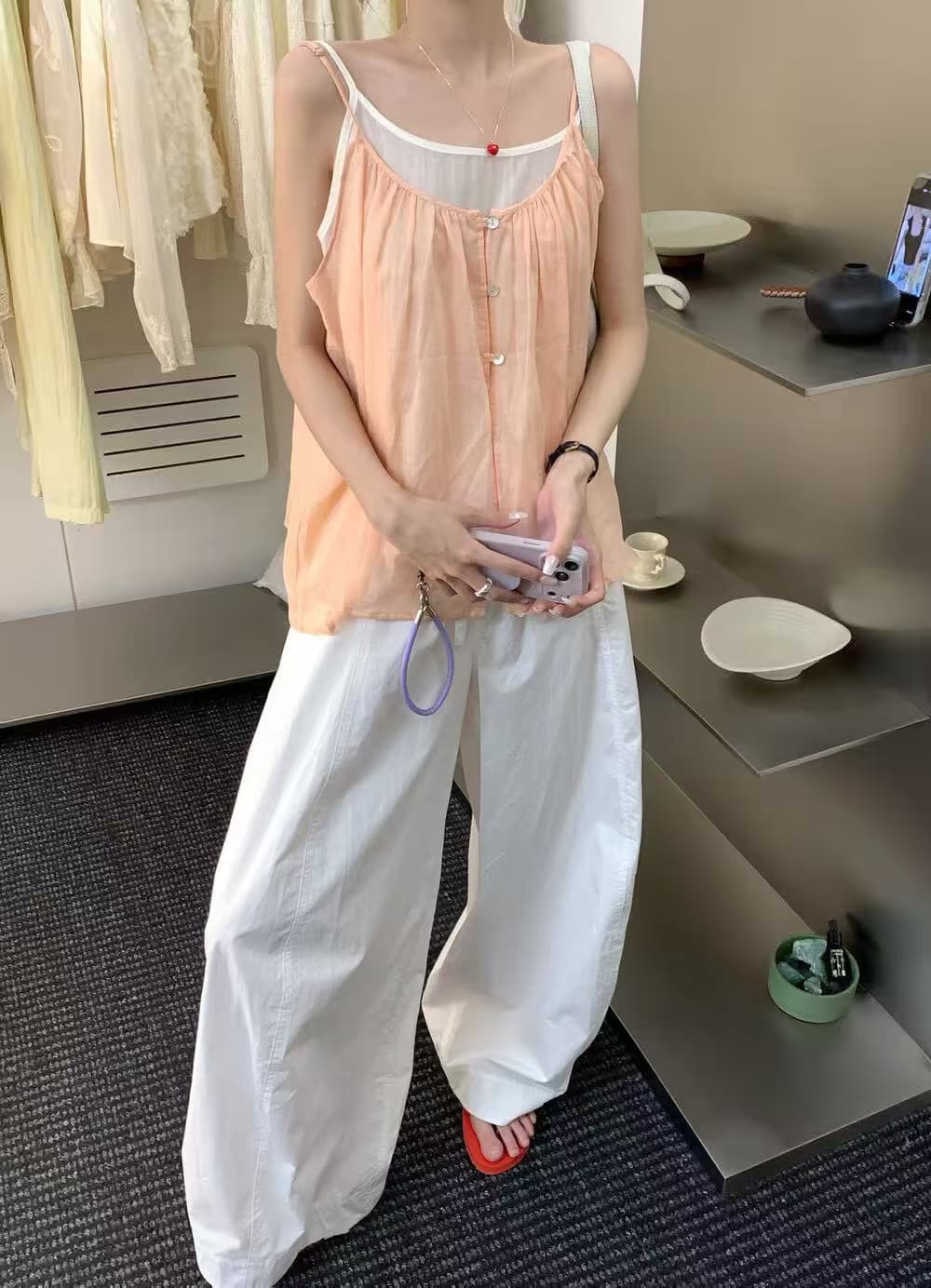여름 분위기 센스 녹색 나비 매듭 루즈핏 캐미솔 라운드 넥 긍정적 인 어깨 몸매 가꾸기 민소매 두 조각 여성 세트 상세 이미지 3