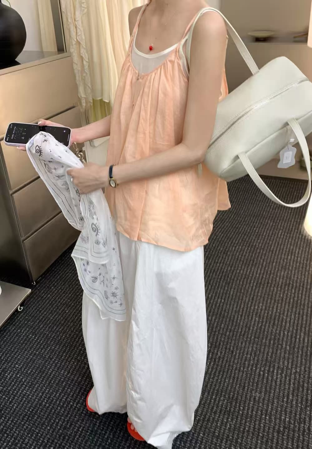 여름 분위기 센스 녹색 나비 매듭 루즈핏 캐미솔 라운드 넥 긍정적 인 어깨 몸매 가꾸기 민소매 두 조각 여성 세트 상세 이미지 7