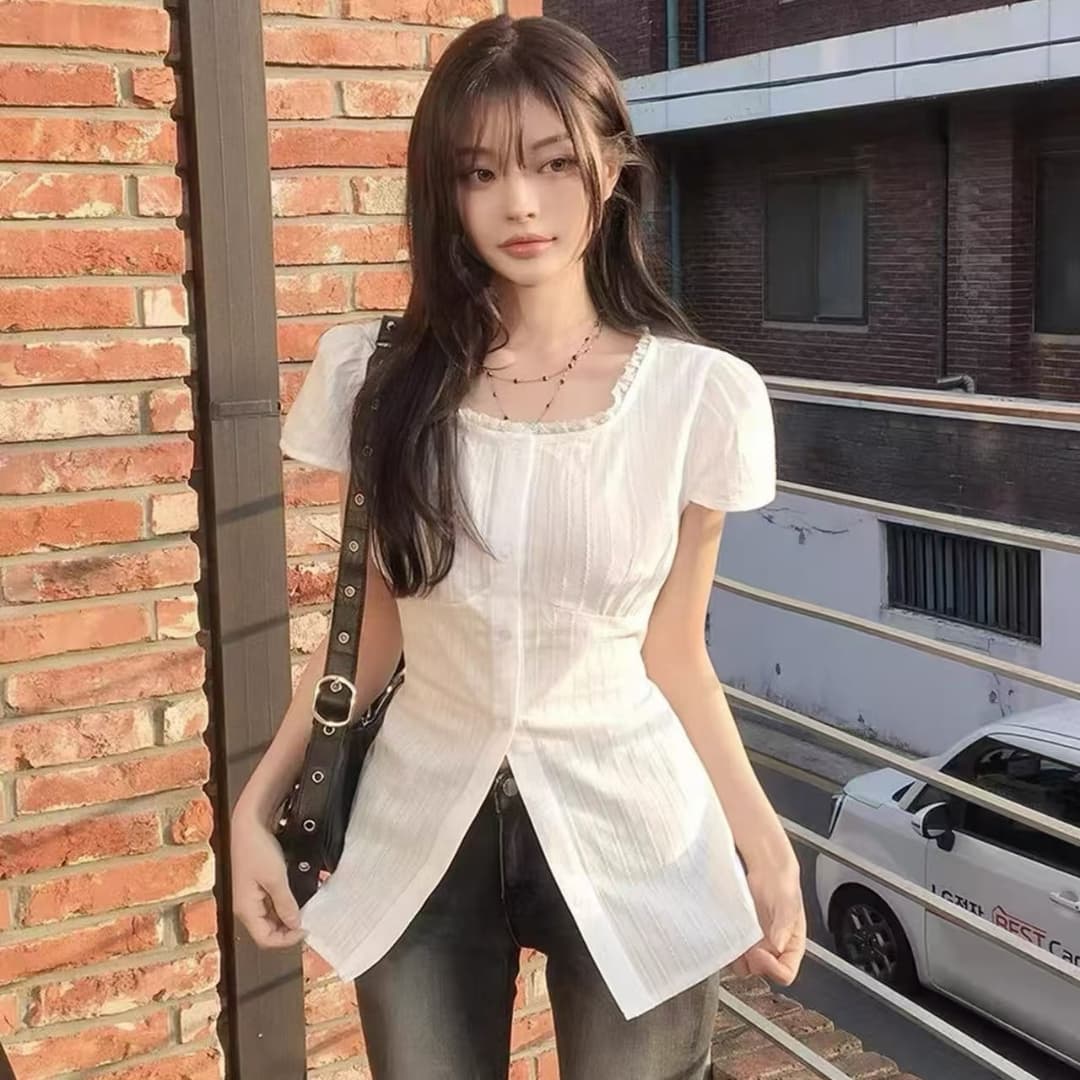 한국 동대문 2026 새로운 한국 chic 여름 분기 별 칼라 여성 셔츠 레이스업 허리 수축 작은 셔츠 맨위 이미지 2