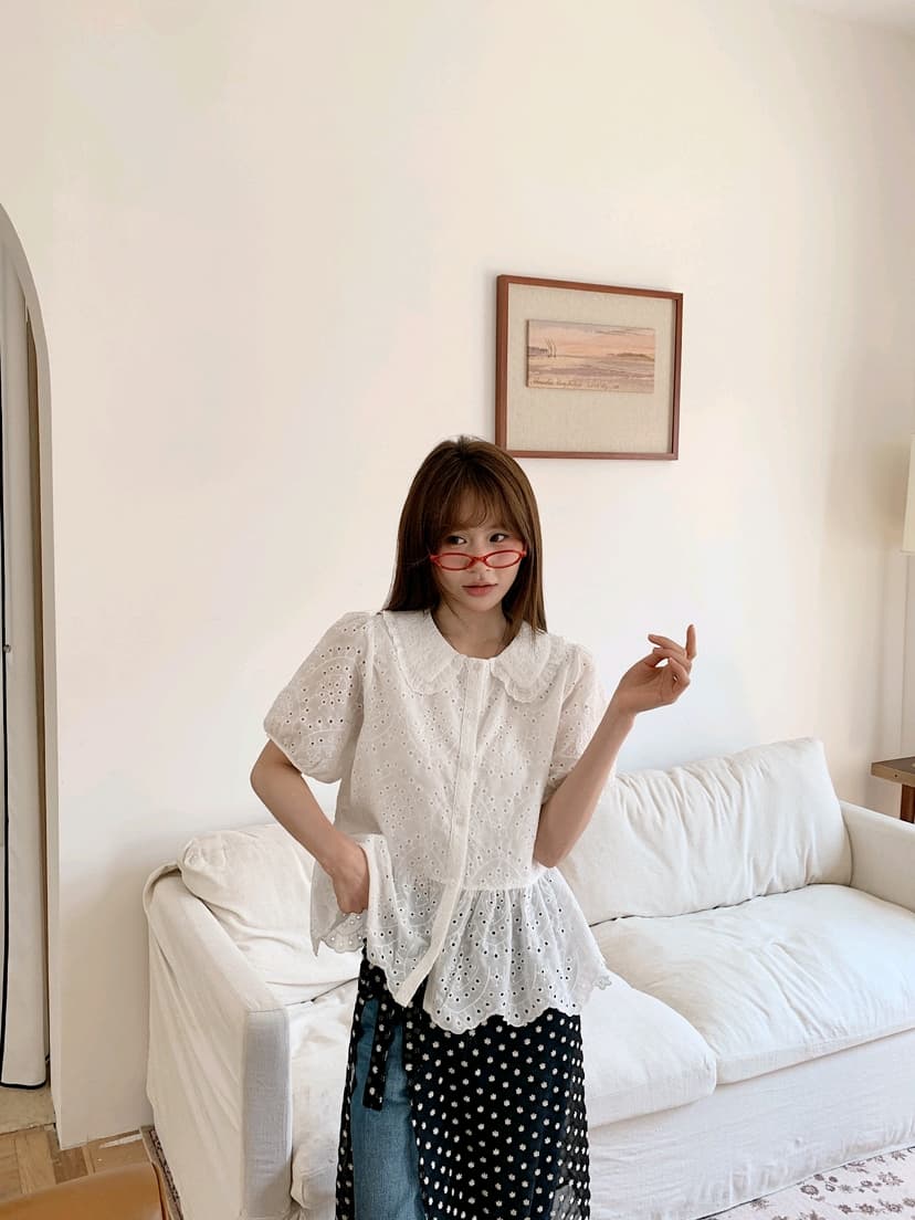 베이비 칼라 홀로우 아웃 여름 셔츠 맨위 여성 상세 이미지 7