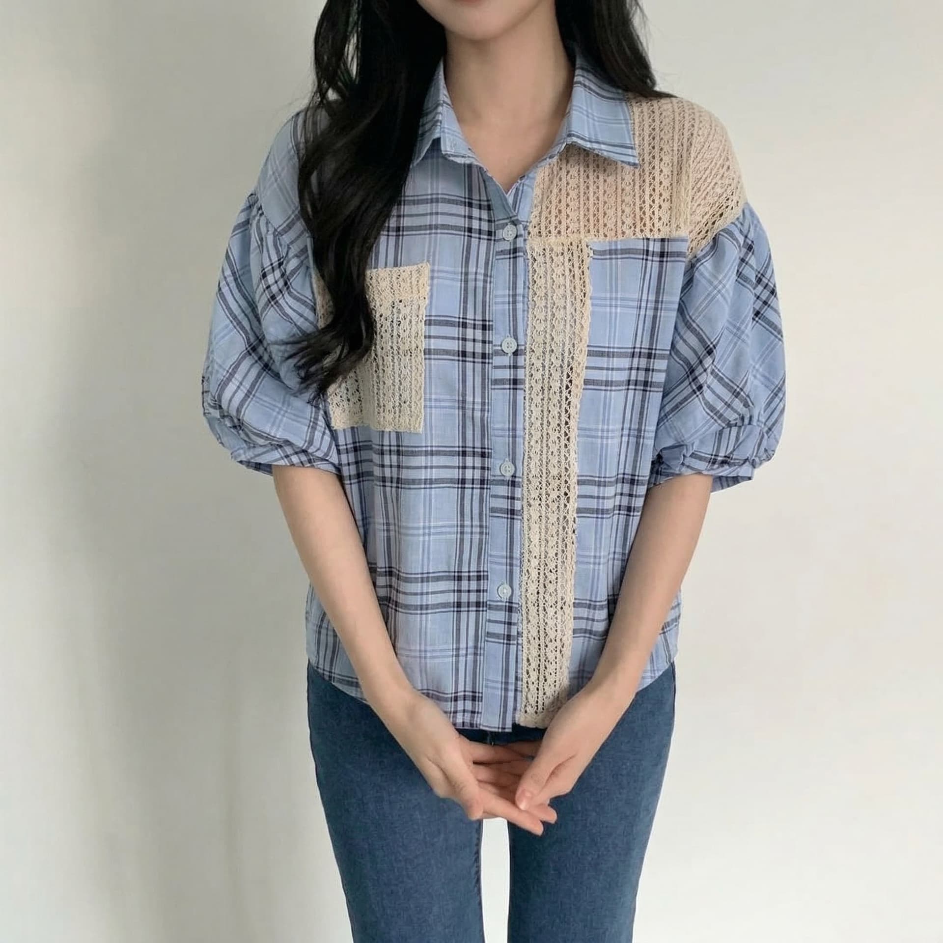 26 여름 한국 동대문 ins 패치워크 디자인 체크무늬 중간 소매 셔츠 맨위 통기성 오픈 가디건 셔츠 상세 이미지 1