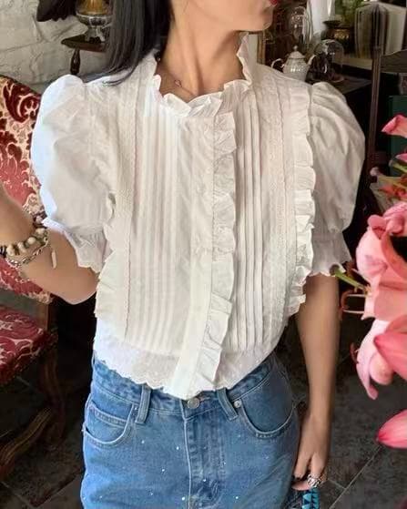 화이트 레이스 거품 소매 셔츠 나팔 레이스 스탠드 칼라 플리츠 반팔 셔츠 작은 셔츠 쇼트 스타일 맨위 이미지 2