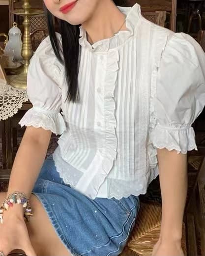 화이트 레이스 거품 소매 셔츠 나팔 레이스 스탠드 칼라 플리츠 반팔 셔츠 작은 셔츠 쇼트 스타일 맨위 상세 이미지 2