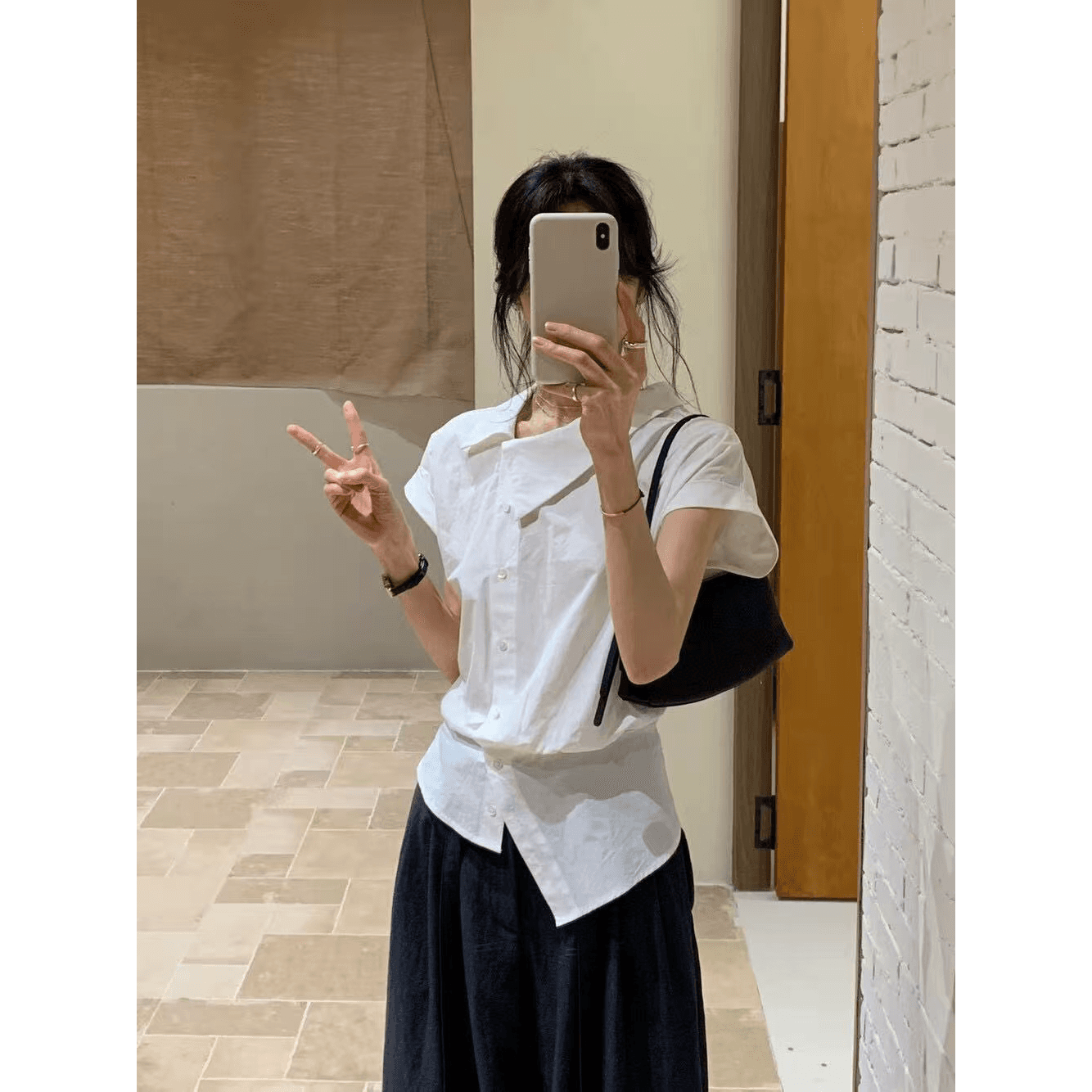26 여름 켜기 새로운 프랑스식 불규칙 비스듬한 칼라 디자인 센스 슬림해 보이는 셔츠 작은 셔츠 이미지 5