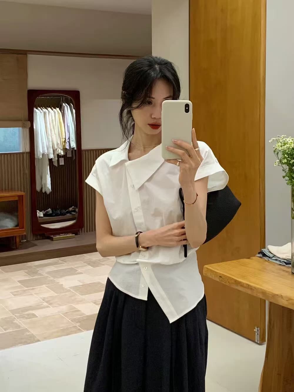 26 여름 켜기 새로운 프랑스식 불규칙 비스듬한 칼라 디자인 센스 슬림해 보이는 셔츠 작은 셔츠 상세 이미지 3
