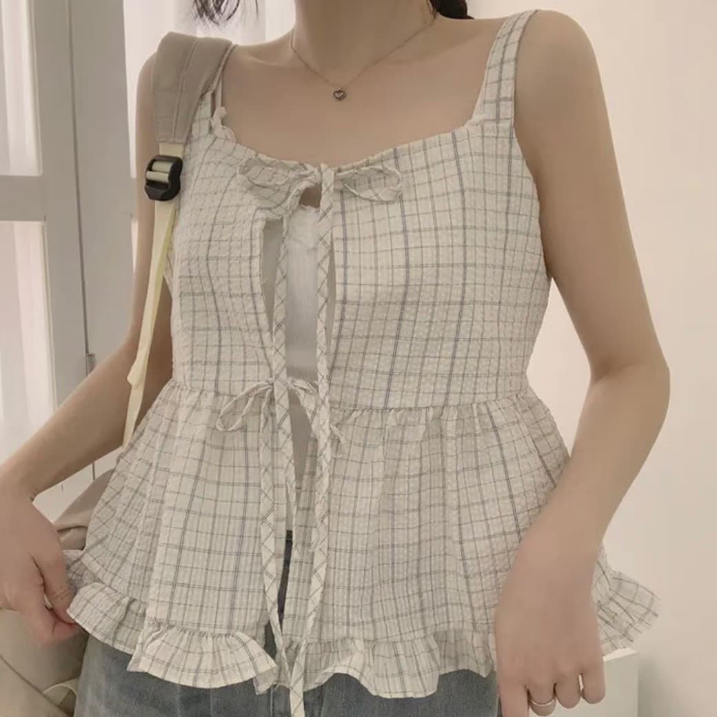 원본 한국 chic 루즈핏 체크무늬 전후 둘 착용 슬립 레이스업 프릴 조끼 여성