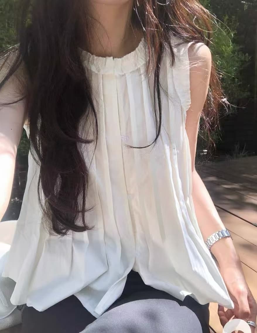 있음 선적 한국 ins 연령 감소 플리츠 레이스 싱글 줄 버튼 민소매 셔츠 이미지 3