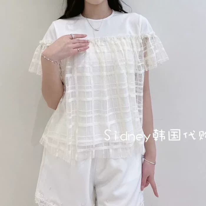 재고 있음 패치워크 망사 페이크 레이어드 반팔 티셔츠 여성 여름 새로운 자이언트 잘 생긴 슬림해 보이는 디자인 센스 맨위 상세 이미지 3