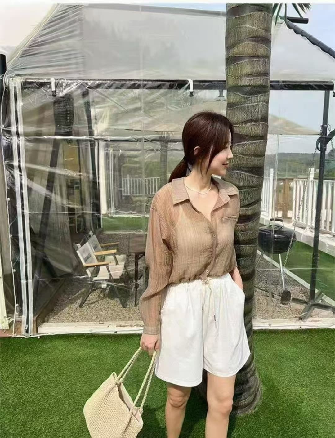 한국 chic 느긋한 바람 루즈핏 싱글 줄 버튼 펌프 로프 허리 수축 쇼트 스타일 자외선 차단 셔츠 여성 코트 상세 이미지 3