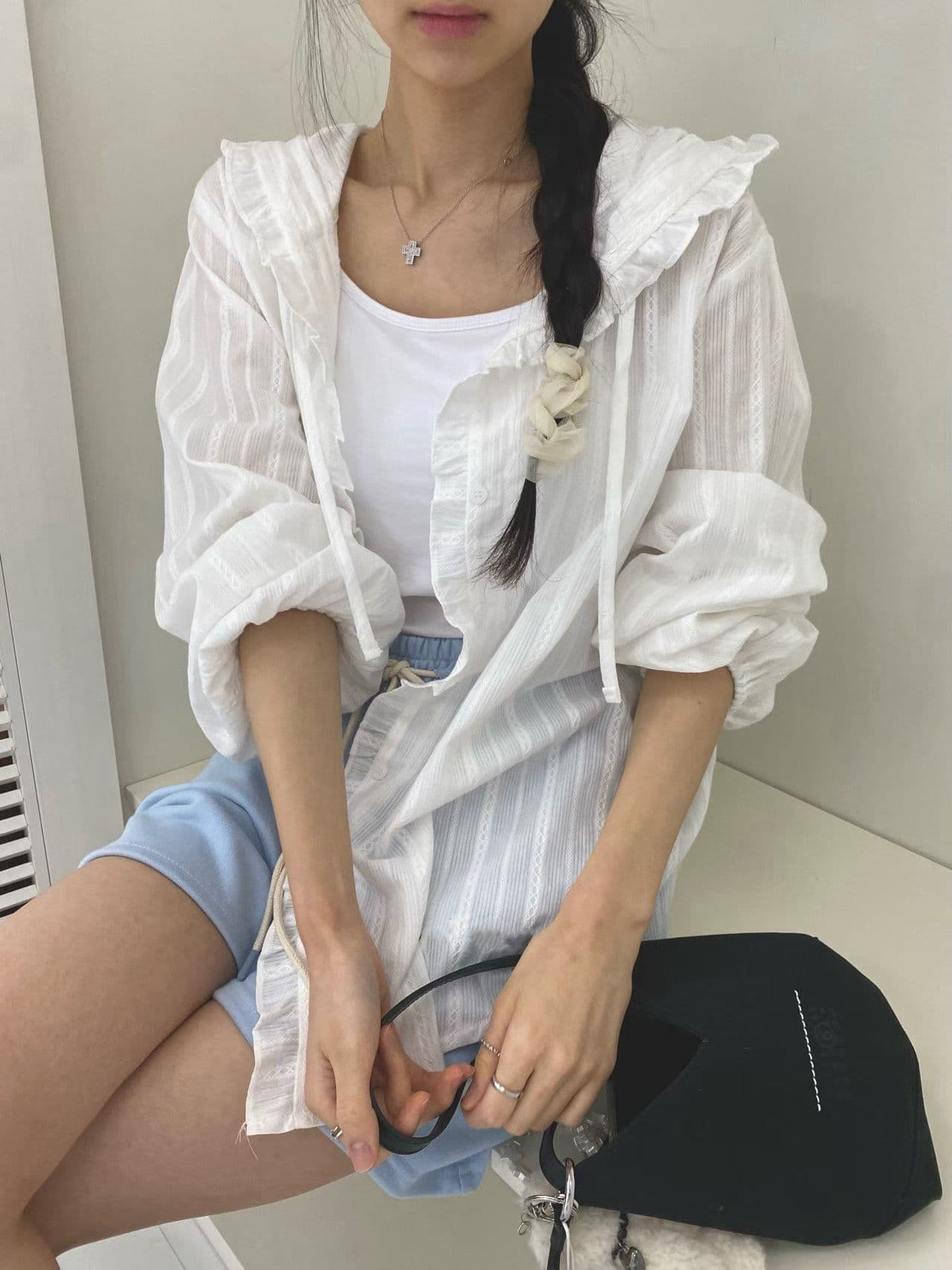 가을 달콤함 연령 감소 자카드 프릴 패치워크 후드 싱글 줄 버튼 긴팔 루즈핏 짧은 외투 맨위 여성 상세 이미지 7