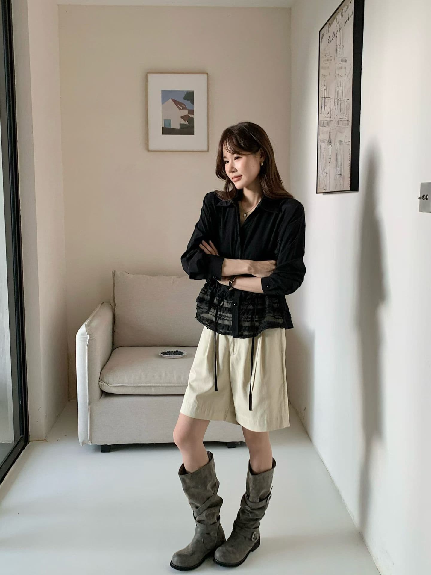 한국 동대문 조기 가을 의상 새로운 폴로 칼라 레이스 조각 다중 레이어 프릴 레이스업 긴팔 진주 버클 셔츠 상세 이미지 4