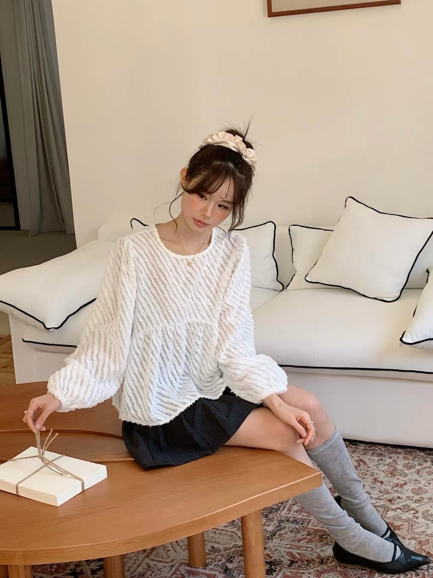가을 새로운 동대문 한 스타일 달콤함 사선 무늬 연령 감소 다용도 맨위 긴팔 셔츠 여성 상세 이미지 9