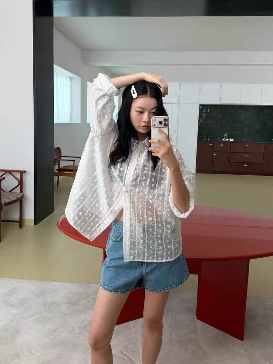재고 있음 새로운 한국 스타일 개성 양면 자수 루즈핏 셔츠 이미지 2