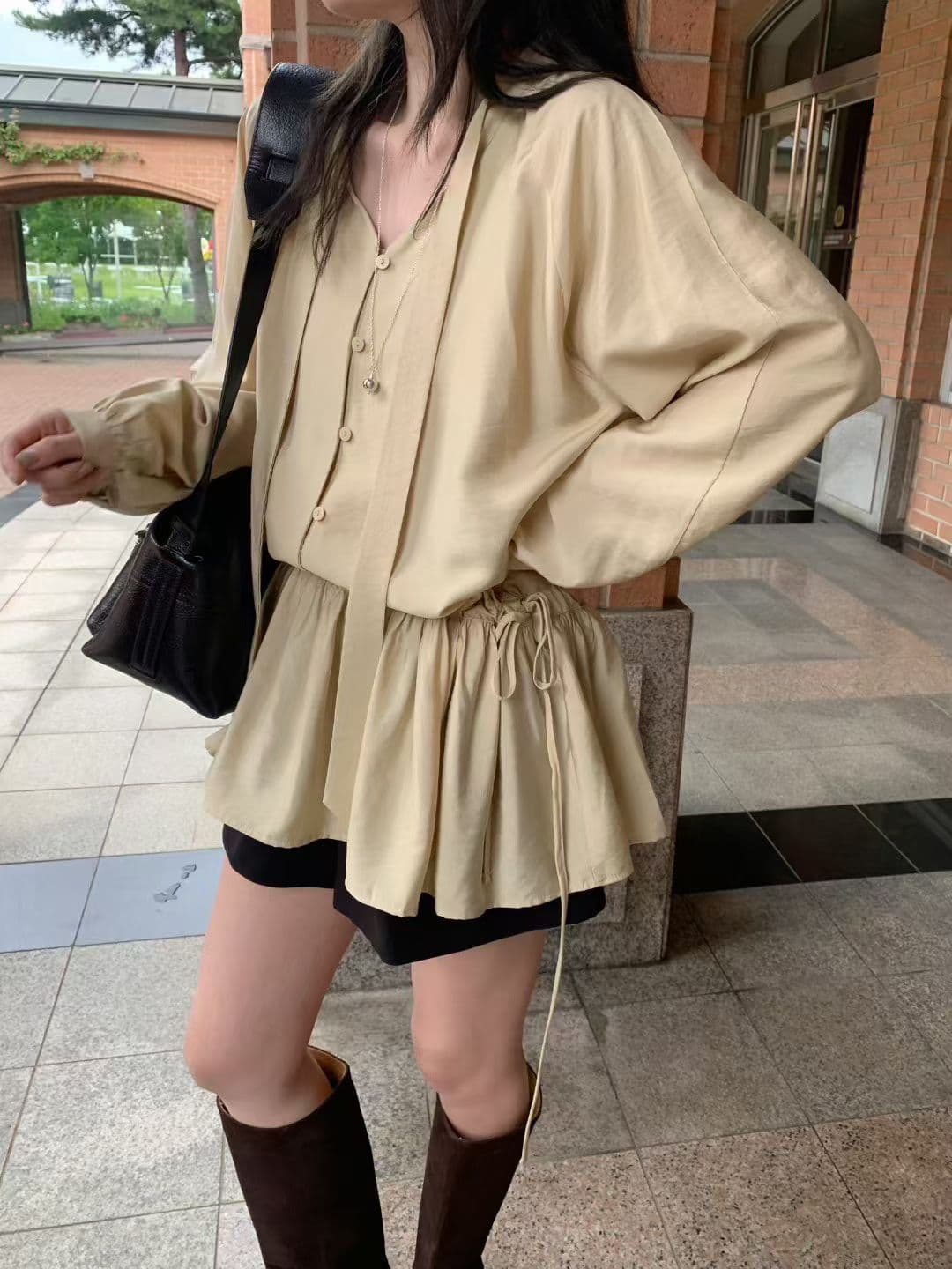 있음 선적 한국 chic 루즈핏 레이스 업 셔츠