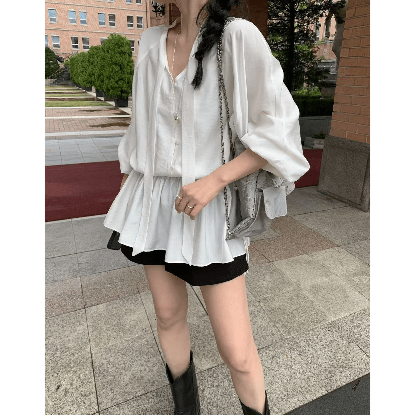 동대문 패션 작은 대중 클래식 단색 chic 바람 루즈핏 레이스 업 셔츠 이미지 5