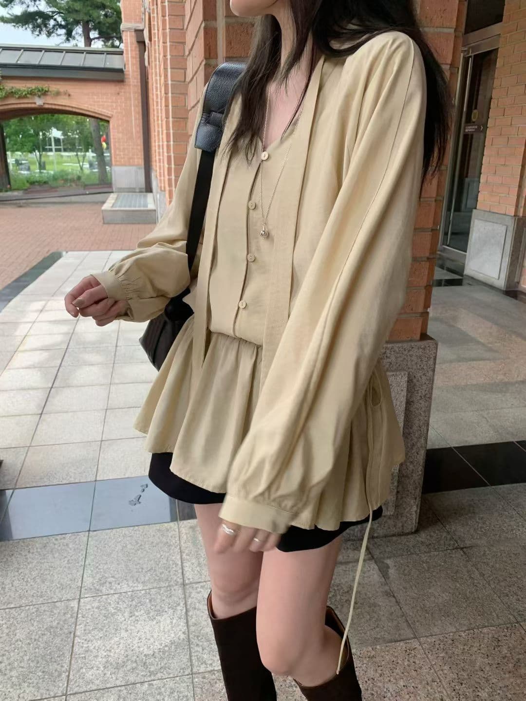 동대문 패션 작은 대중 클래식 단색 chic 바람 루즈핏 레이스 업 셔츠 상세 이미지 1