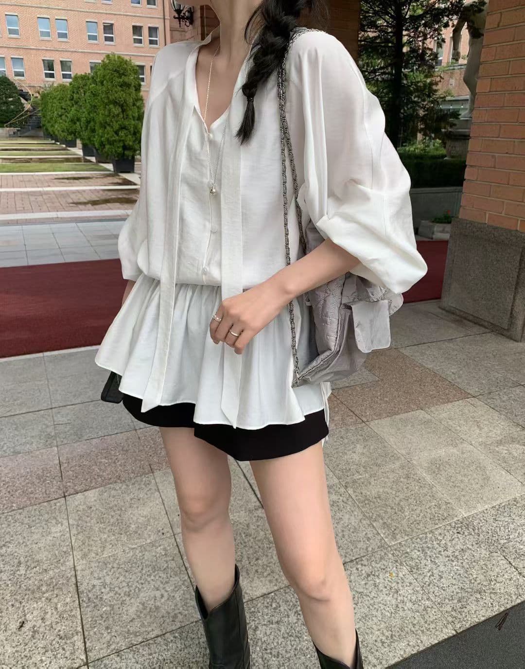 동대문 패션 작은 대중 클래식 단색 chic 바람 루즈핏 레이스 업 셔츠 상세 이미지 4