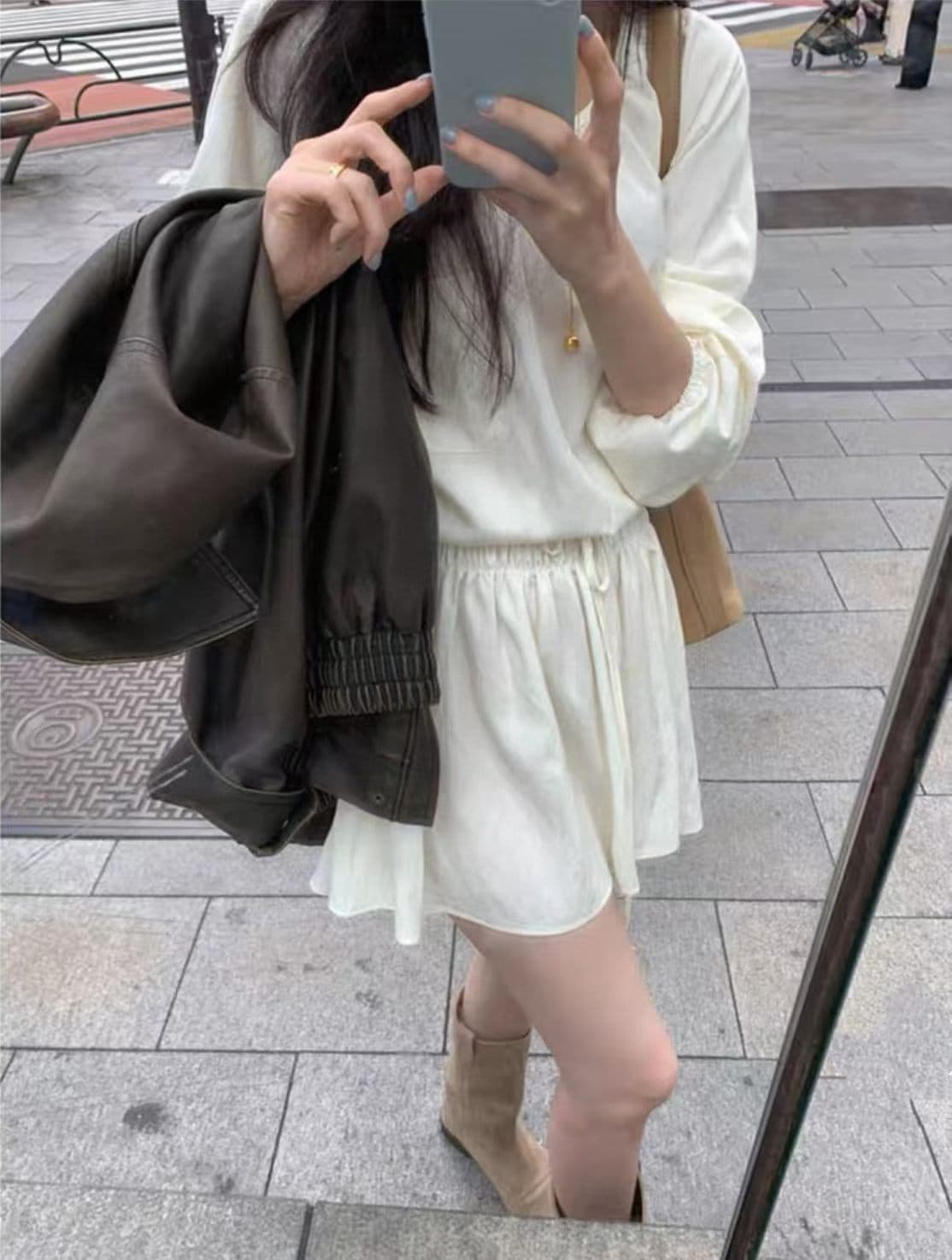 동대문 패션 작은 대중 클래식 단색 chic 바람 루즈핏 레이스 업 셔츠 상세 이미지 9