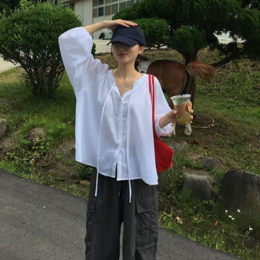 한국 chic 이른 가을 새로운 수직 곡물 리본 셔츠 프랑스식 느긋한 루즈핏 디자인 센스 긴팔 셔츠 여성 셔츠 상세 이미지 3