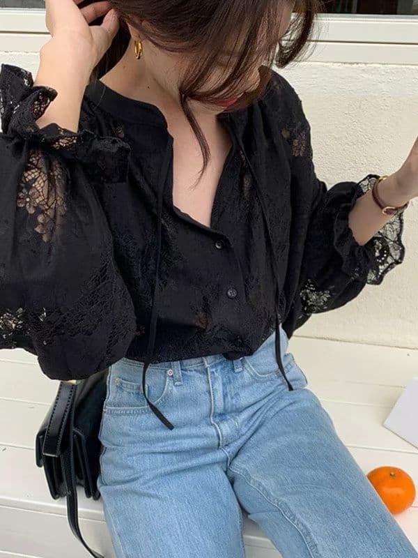 가을 오픈 가디건 홀로우 아웃 긴팔 여성 셔츠 상세 이미지 3
