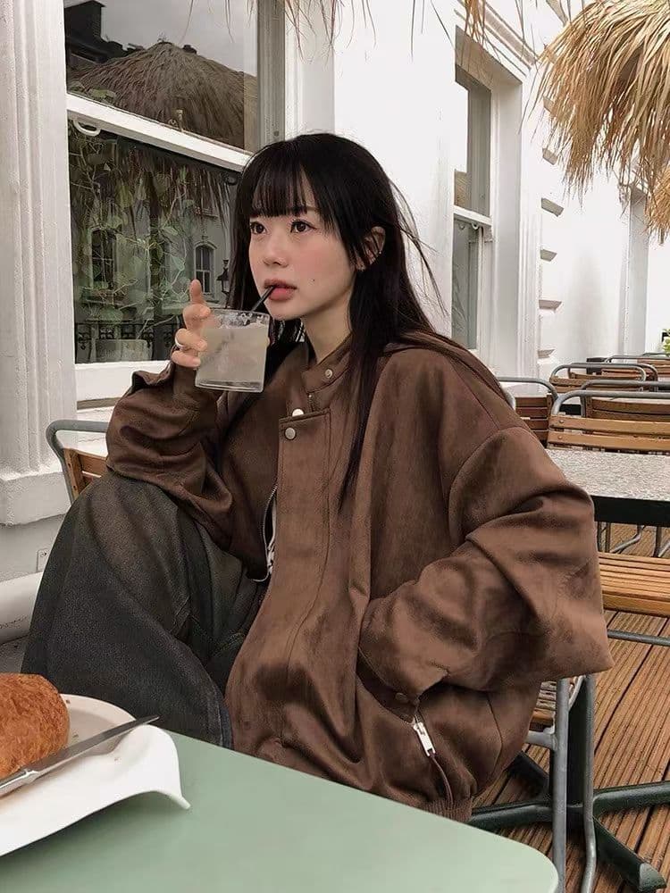 있음 창고 거리 센스 레트로 스웨이드 원단 지퍼 오토바이 캐주얼 다용도 재킷 짧은 여성 코트 상세 이미지 10