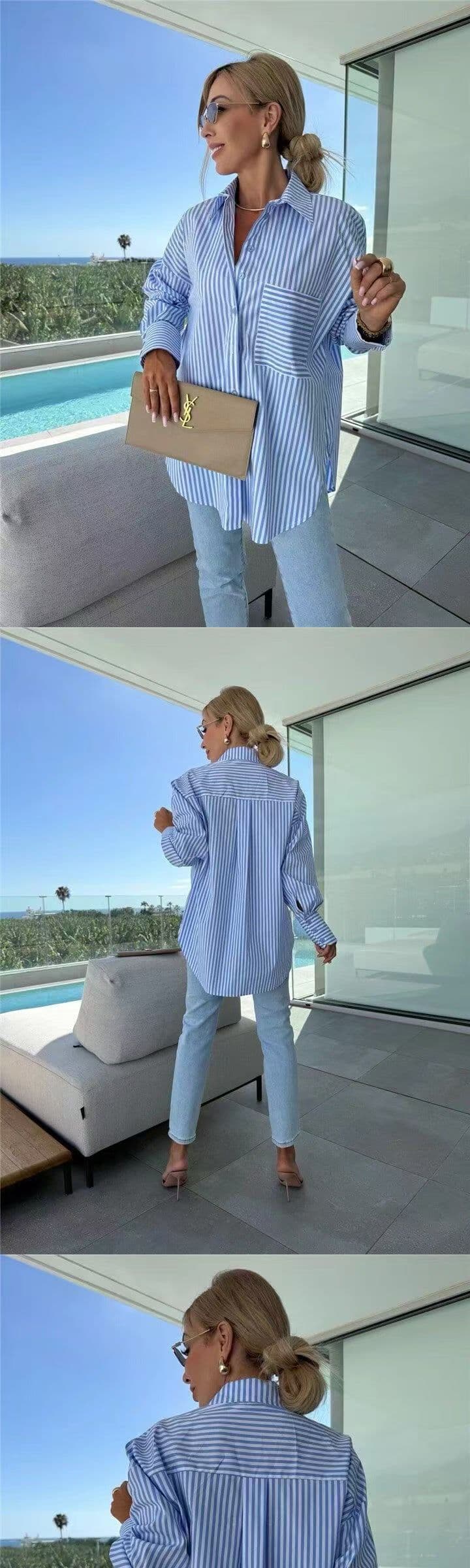 아마존 AliExpress 새로운 스트라이프 긴팔 셔츠 상세 이미지 1