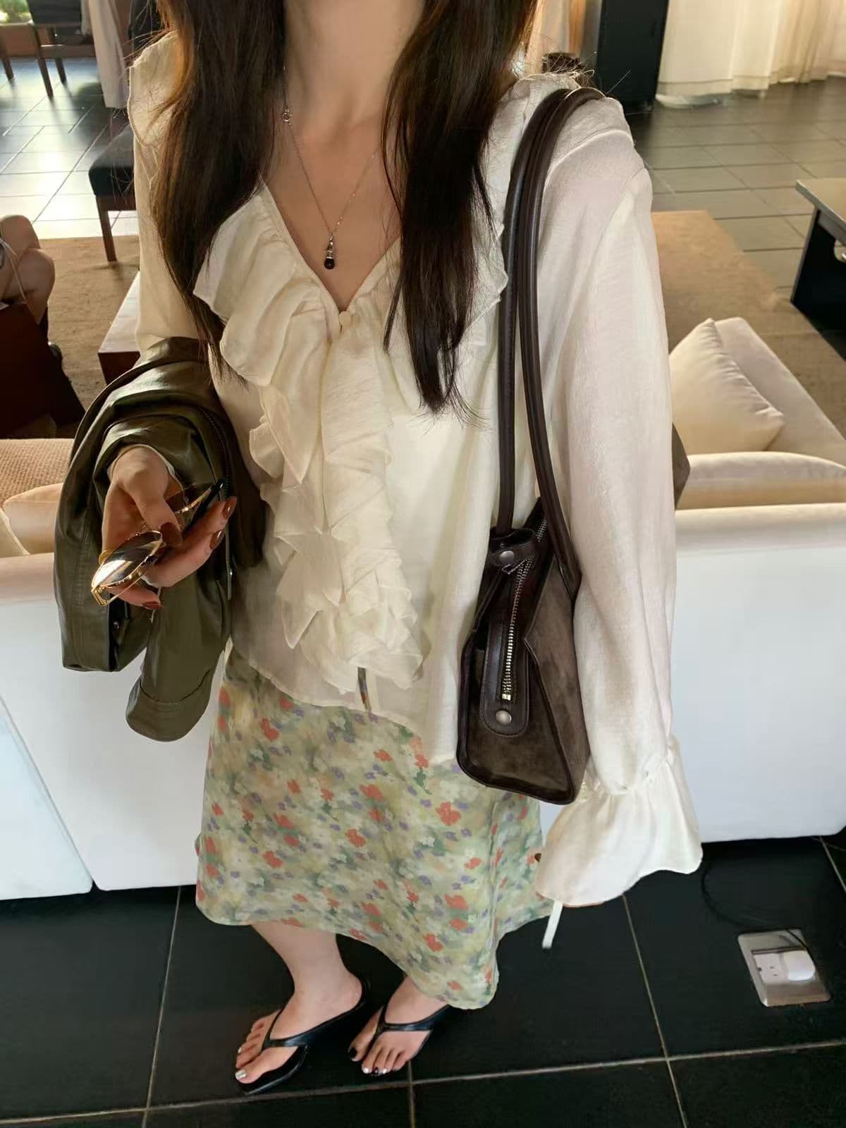 한 부서 가을 새로운 품격 부드러운 프릴 V넥 긴팔 작은 셔츠 블라우스 맨위 상세 이미지 6