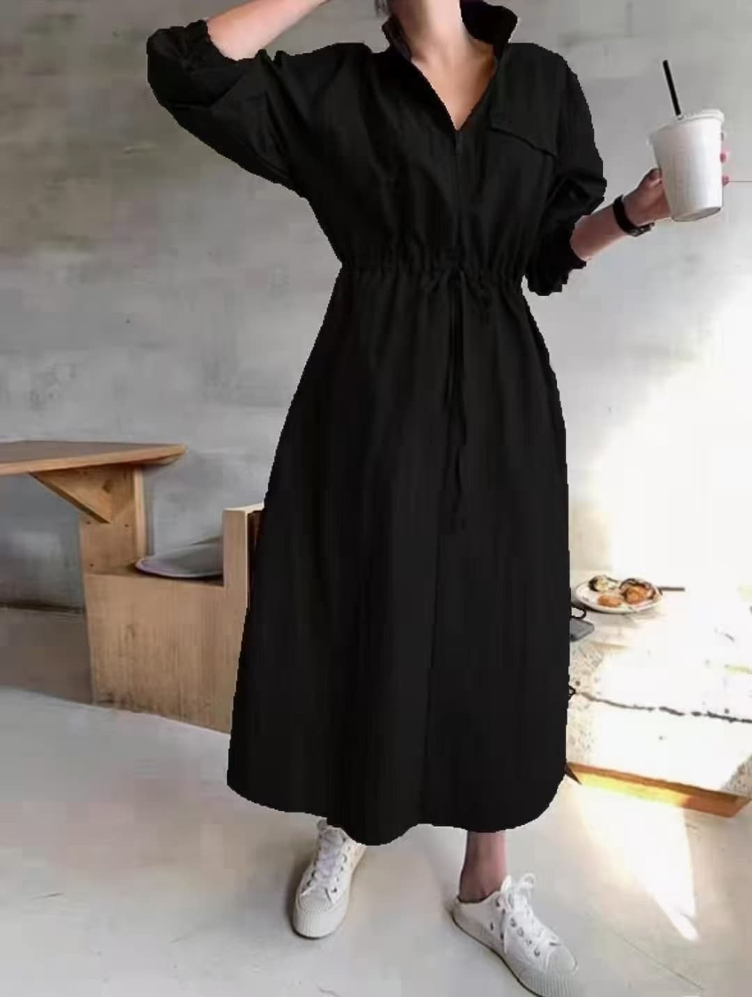 새로운 워크웨어 캐주얼 루즈핏 펌프 로프 허리 수축 슬림해 보이는 중간 길이 후드 여성 드레스 이미지 3
