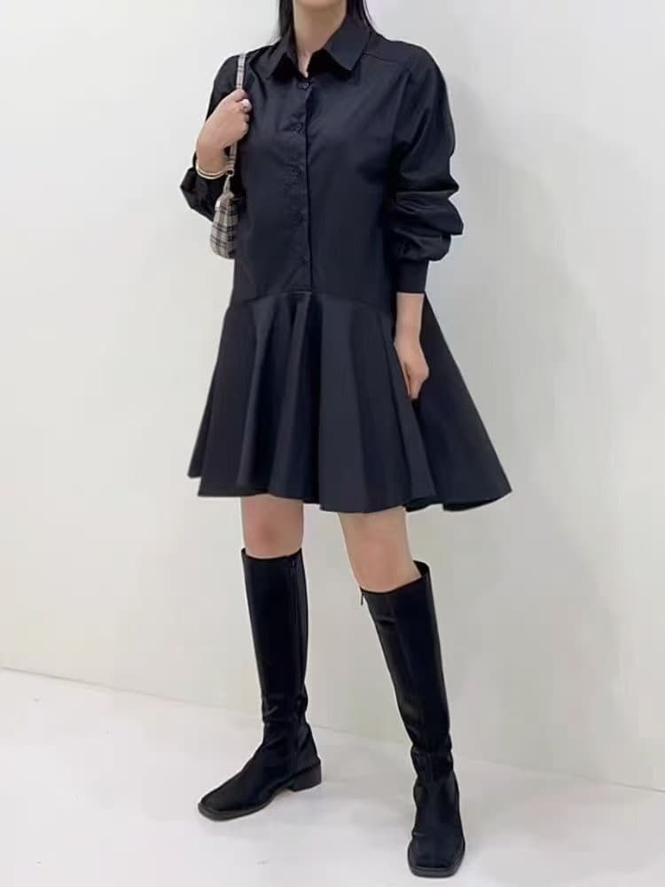 한국 chic 연령 감소 루즈핏 싱글 줄 버튼 폴로 칼라 프릴 인형 셔츠 드레스 이미지 4