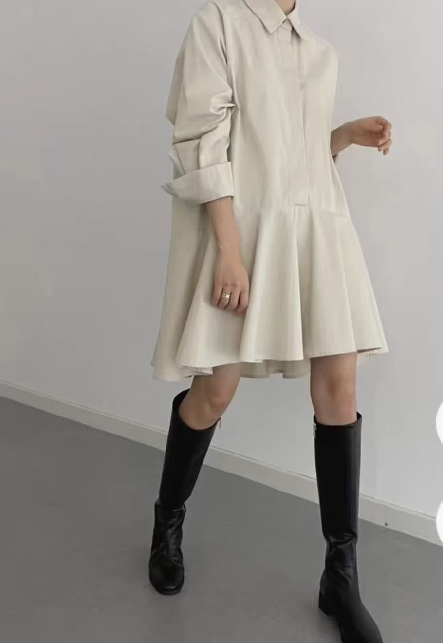 한국 chic 연령 감소 루즈핏 싱글 줄 버튼 폴로 칼라 프릴 인형 셔츠 드레스 상세 이미지 6