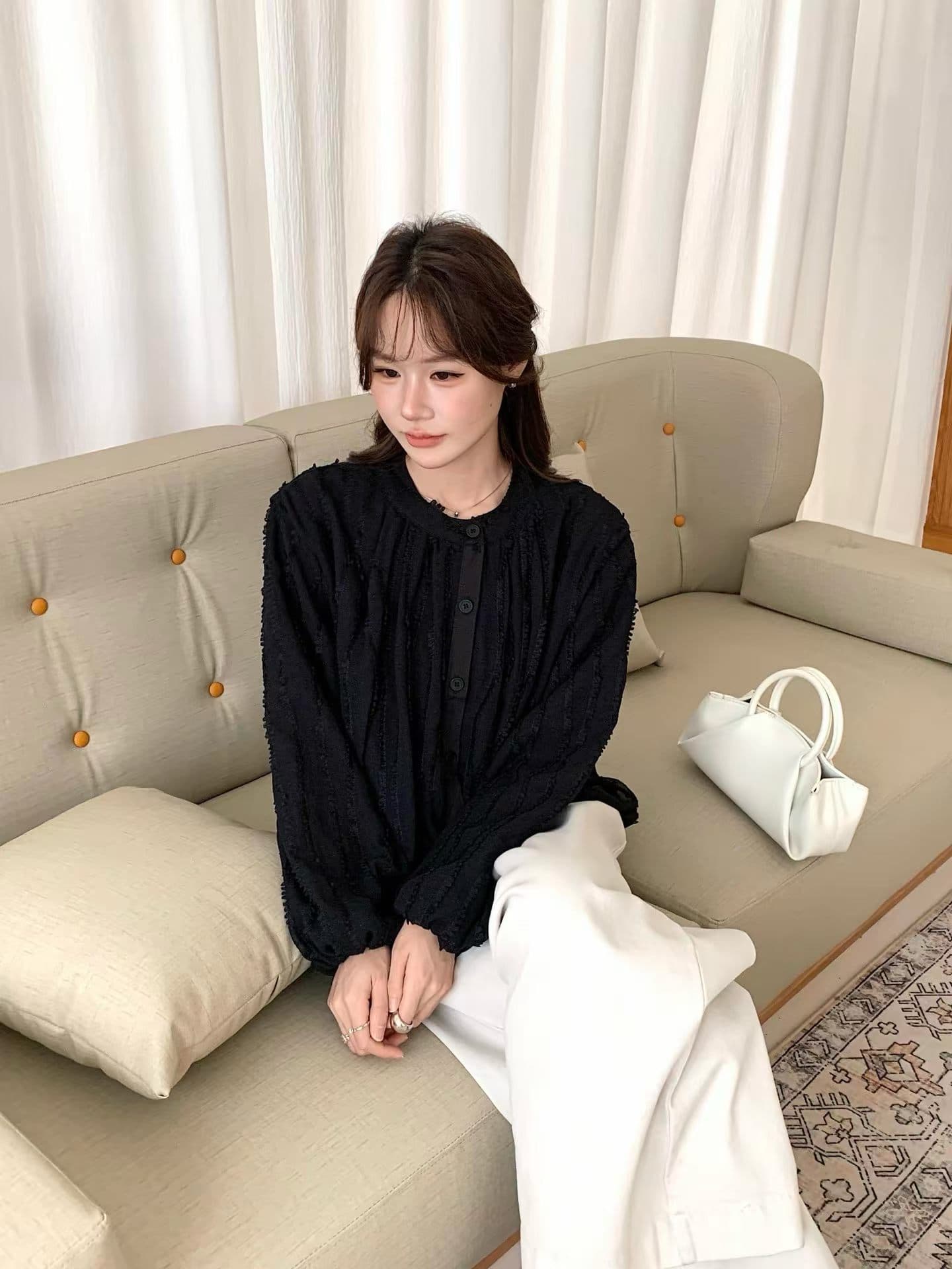 가을 한국 스타일 새로운 다용도 달콤함 스탠드 칼라 무거운 작업 술 랜턴 긴팔 여성 셔츠 상세 이미지 1