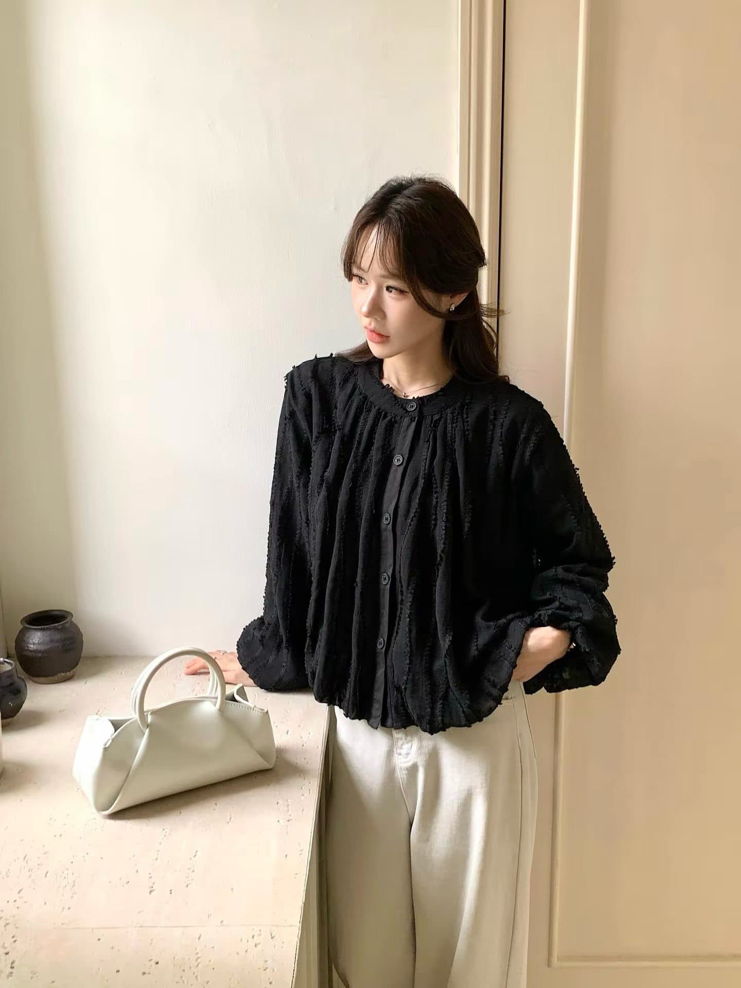 가을 한국 스타일 새로운 다용도 달콤함 스탠드 칼라 무거운 작업 술 랜턴 긴팔 여성 셔츠 상세 이미지 3