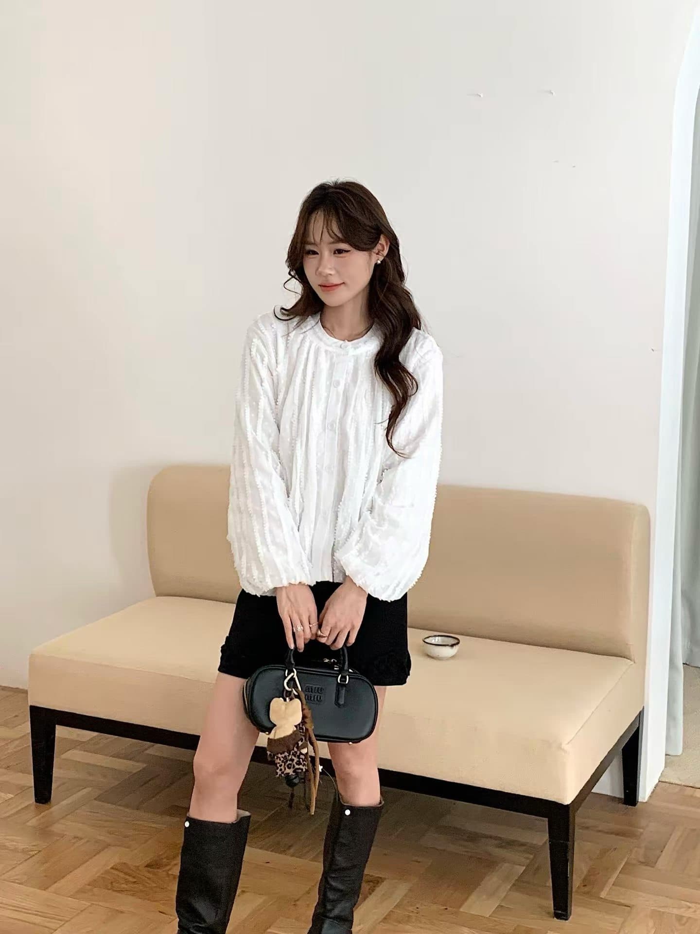 가을 한국 스타일 새로운 다용도 달콤함 스탠드 칼라 무거운 작업 술 랜턴 긴팔 여성 셔츠 상세 이미지 4