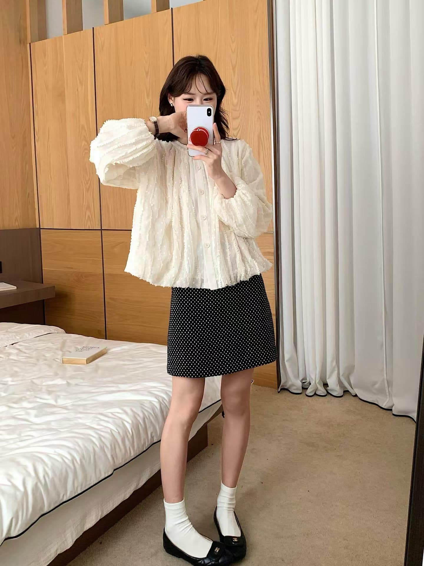 가을 한국 스타일 새로운 다용도 달콤함 스탠드 칼라 무거운 작업 술 랜턴 긴팔 여성 셔츠 상세 이미지 10