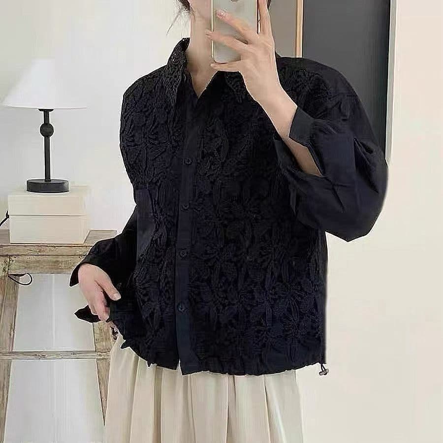 가을 겨울 페이크 레이어드 패치워크 펌프 로프 여성 의류 자수 레이스 폴로 칼라 셔츠 연령 감소 디자인 센스 긴팔 루즈핏 맨위 상세 이미지 1
