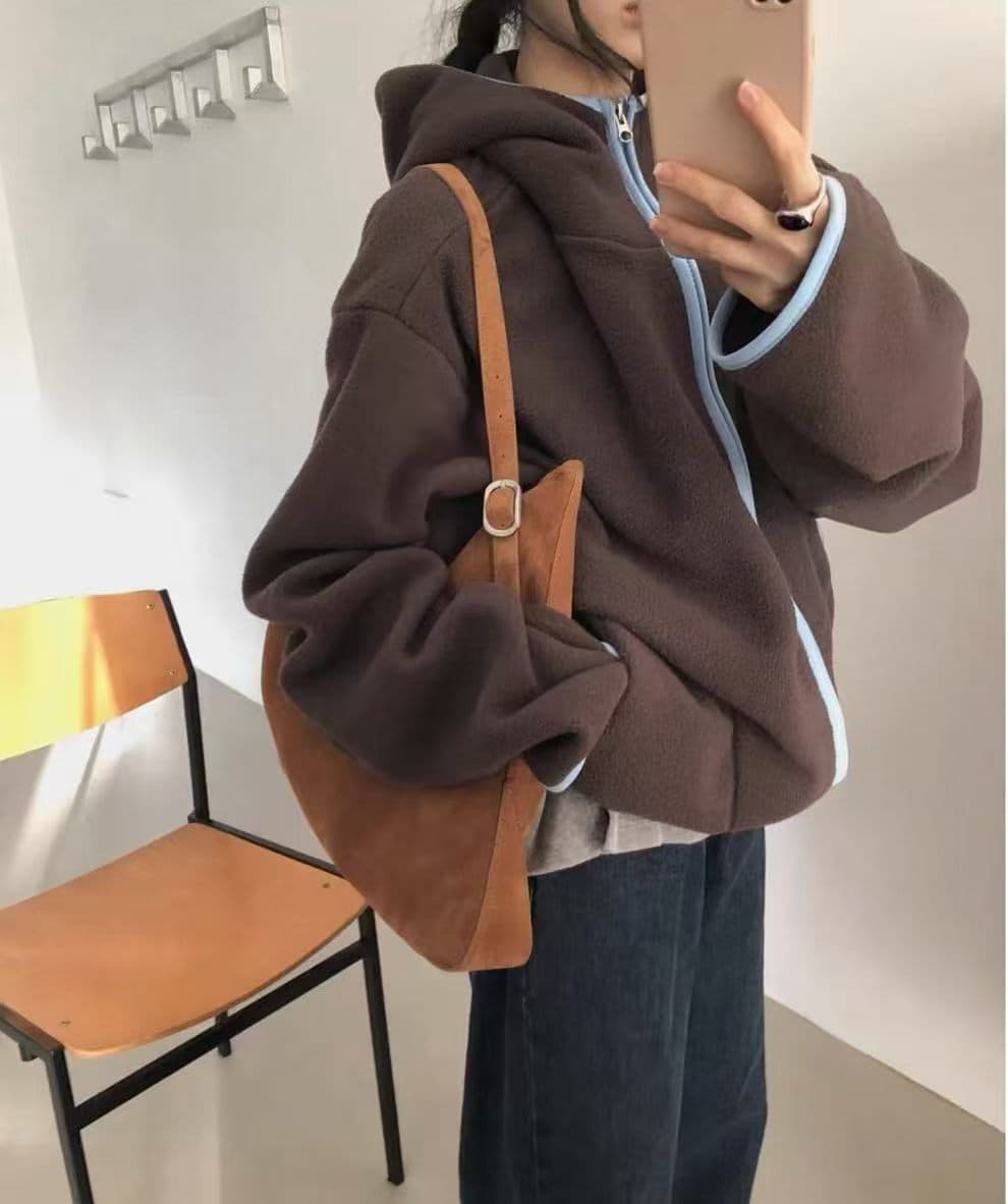 있음 밖으로 한국 chic 양면 플리스 후드 재킷 상세 이미지 4