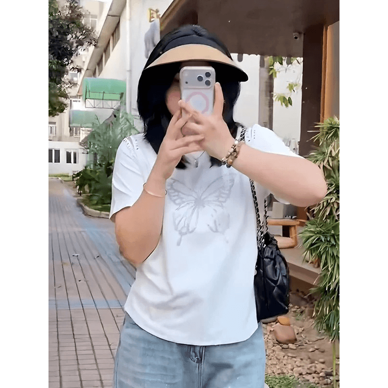 꿈 丞 나비 프린트 빅 사이즈 여성 의류 오프숄더 라운드 넥 반팔 티셔츠 디자인 센스 동정 표지 고기 슬림해 보이는 켜기 이미지 5