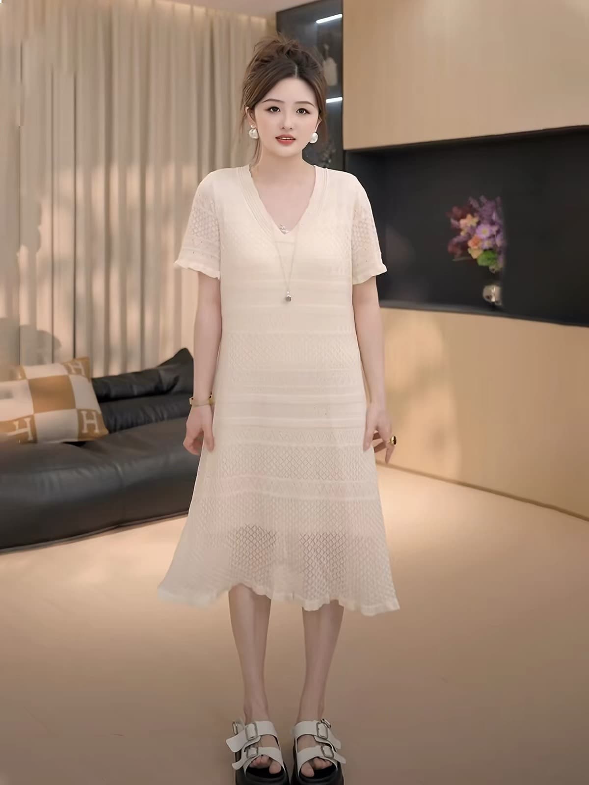 지방 지아 지아 지방 mm 빅 사이즈 여성 의류 한여름 인어 지 반팔 드레스 여름 품격 슬림해 보이는 롱 스커트 이미지 3